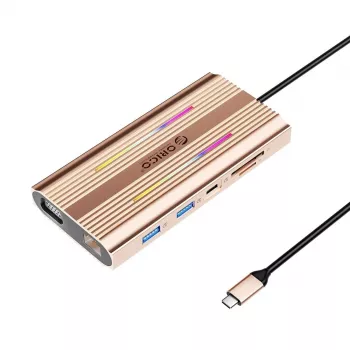 ORICO XDR 12-in-1 USB-C Docking Station RGB, 2x USB-A, 1x USB-C PD 100W, 2x HDMI 4K 60Hz, VGA, RJ45 Gigabit, SD & microSD Card Reader - Rose Gold