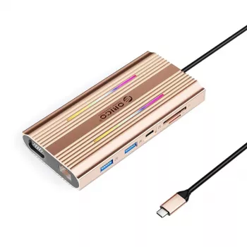 ORICO XDR 12-in-1 USB-C Docking Station RGB, 3x USB-A, USB-C PD 100W, HDMI 4K, VGA, RJ45 Gigabit, SD/microSD Card Reader - Rose Gold