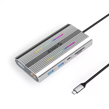 ORICO XDR 12-in-1 USB-C Docking Station su RGB, 2x HDMI 4K 60Hz, DisplayPort 4K 60Hz, RJ45 Gigabit, PD 100W, SD/microSD kortelių skaitytuvas - sidabrinis