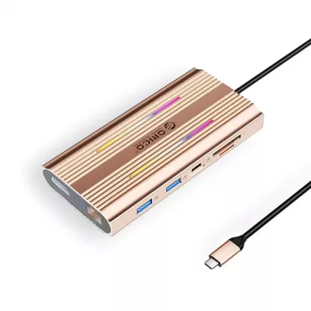 ORICO XDR 12-in-1 USB-C Docking Station su RGB, 2x HDMI 4K 60Hz, DisplayPort 4K 60Hz, Gigabit Ethernet, 100W PD, SD/microSD kortelių skaitytuvu - Rožinis auksas