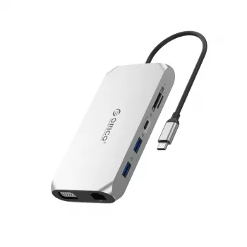 ORICO XCR 12-in-1 USB-C Docking Station, 3x USB-A 3.1, 1x USB-A 2.0, 1x USB-C PD 100W, 1x USB-C 3.1, 1x HDMI 1.4 4K 30Hz, 1x VGA 1080p, SD/microSD 3.0, RJ45 Gigabit, 3.5mm Audio, Silver