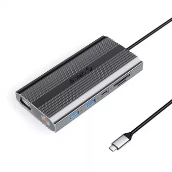 ORICO XDR 12-in-1 USB-C Docking Station su USB-A, USB-C PD 100W, HDMI 4K, VGA, RJ45 Gigabit, SD & MicroSD kortelių skaitytuvu - Pilka