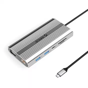 ORICO XDR 12-in-1 USB-C Docking Station su 4K HDMI, VGA, Gigabit Ethernet, 100W PD, SD/MicroSD kortelių skaitytuvu - sidabrinė
