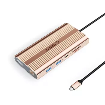 ORICO XDR 12-in-1 USB-C Docking Station su 2x HDMI 4K 60Hz, DisplayPort 4K 60Hz, Gigabit Ethernet, 100W PD, SD/MicroSD kortelių skaitytuvu - Rožinis auksas