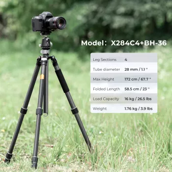 K&F Concept X284C4 anglies pluošto trikojis su BH-36 rutuline galvute, 172 cm, 16 kg apkrova, monopodu, 4 sekcijų užsukamais fiksatoriais, suderinamas su Arca-Swiss | ITwork.lt