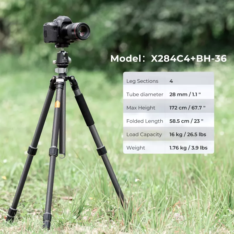 K&F Concept X284C4 anglies pluošto trikojis su BH-36 rutuline galvute, 172 cm, 16 kg apkrova, monopodu, 4 sekcijų užsukamais fiksatoriais, suderinamas su Arca-Swiss | ITwork.lt