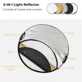 K&F Concept 5-in-1 Round Photography Reflector with Handle 80cm (32 inch) - Gold/Silver/White/Black/Translucent Diffuser for Portrait Studio Outdoor