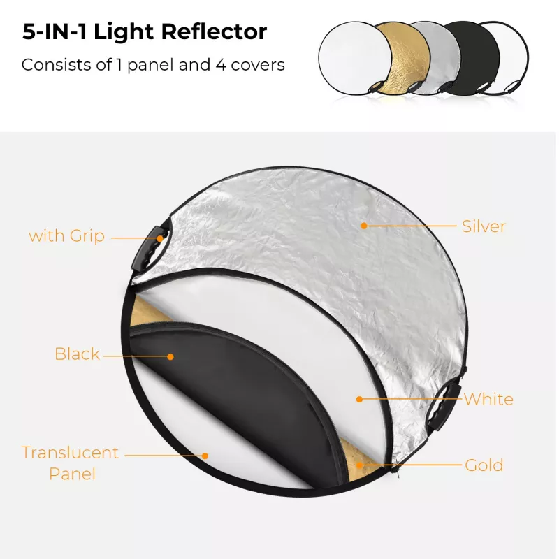 K&F Concept 5-in-1 Round Photography Reflector with Handle 80cm (32 inch) - Gold/Silver/White/Black/Translucent Diffuser for Portrait Studio Outdoor