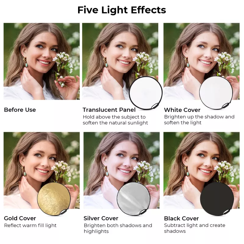 K&F Concept 5-in-1 Round Photography Reflector with Handle 80cm (32 inch) - Gold/Silver/White/Black/Translucent Diffuser for Portrait Studio Outdoor
