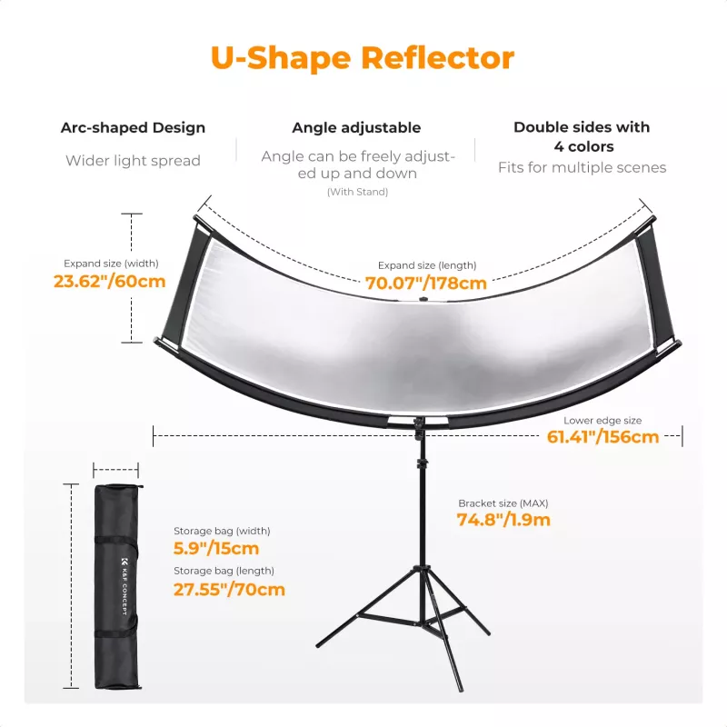 K&F Concept U-Shape 4-in-1 Curved Reflector 180x60cm su šviesos stovu ir nešimo krepšiu
