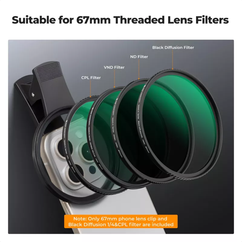 KF 2-in-1 Black Diffusion 1/4 + CPL Phone Filter Kit 67mm Clip-On