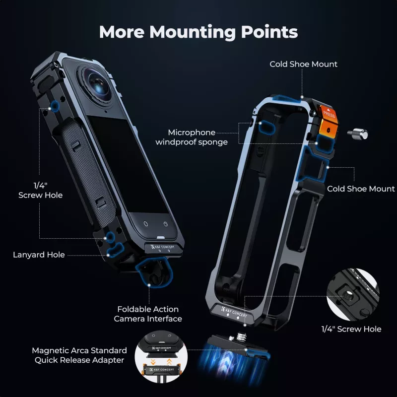KF Protective Frame Mount Cage su 2x 1/4 colio-20 sriegiais ir GoPro laikikliu, skirta Insta360 X5 / Kf31.182