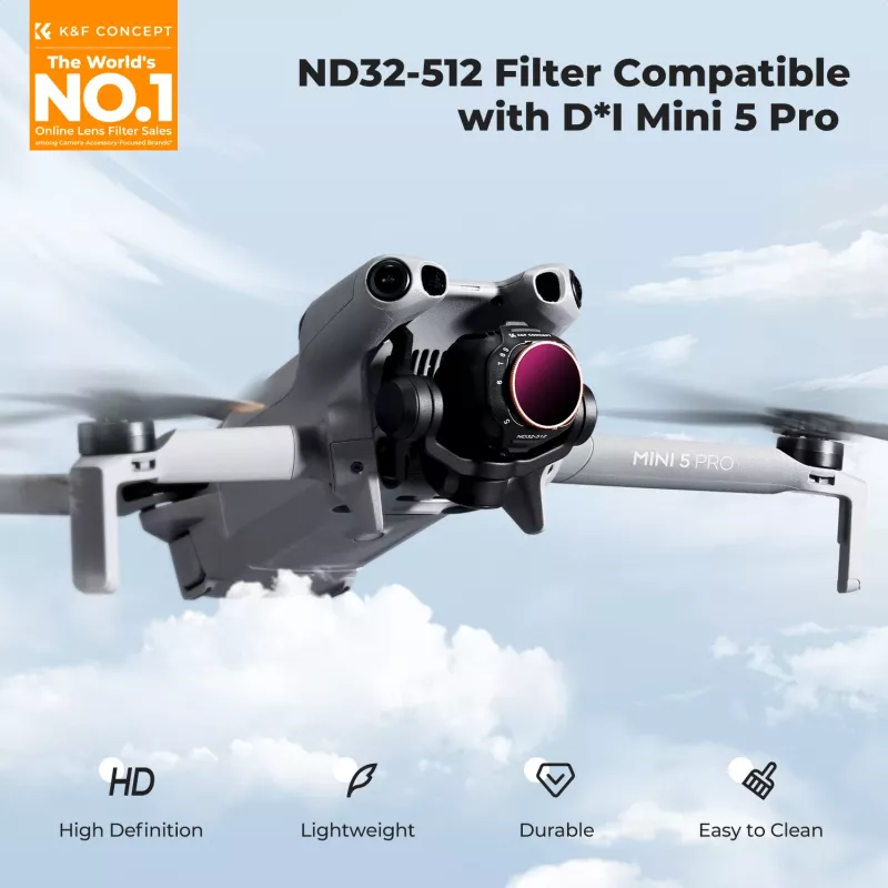 K&F kintamo tankio ND filtras ND32-ND512, skirtas DJI Mini 5 Pro dronui, AGC stiklas, KF02.0004