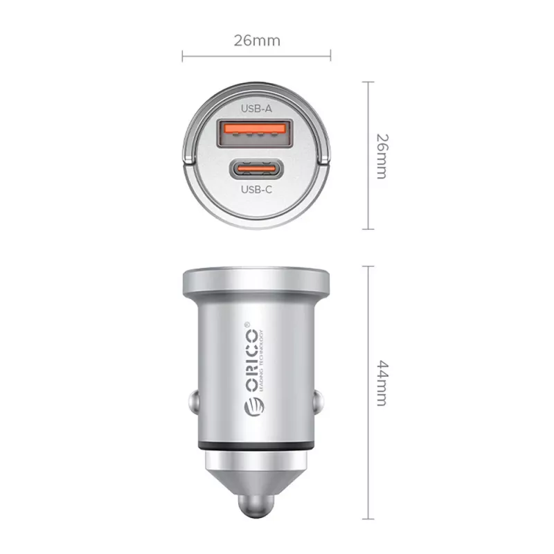 ORICO MiniRing Pro 45W USB-A + USB-C Automobilinis Įkroviklis – Sidabrinis