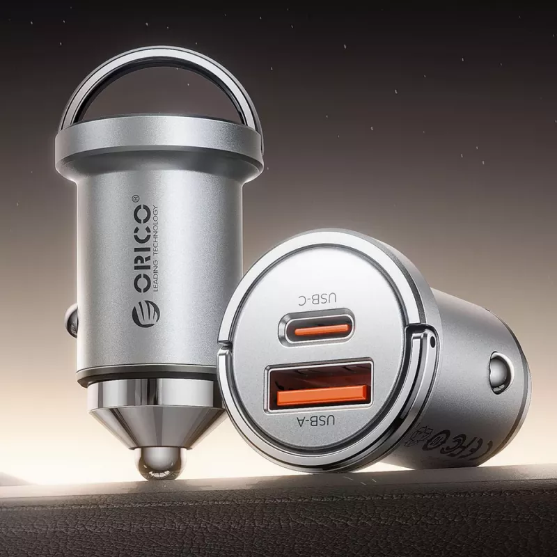 ORICO MiniRing Pro 45W USB-A + USB-C Automobilinis Įkroviklis – Sidabrinis