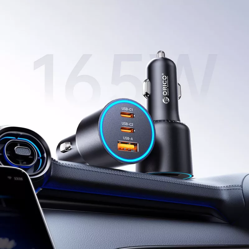 ORICO HyperDrive 165W automobilinis įkroviklis USB-A + 2x USB-C - juodos spalvos