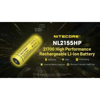 Nitecore NL2155HP 21700 Li-ion akumuliatorius 5500mAh 3.6V su apsauga ir mygtukiniu kontaktu
