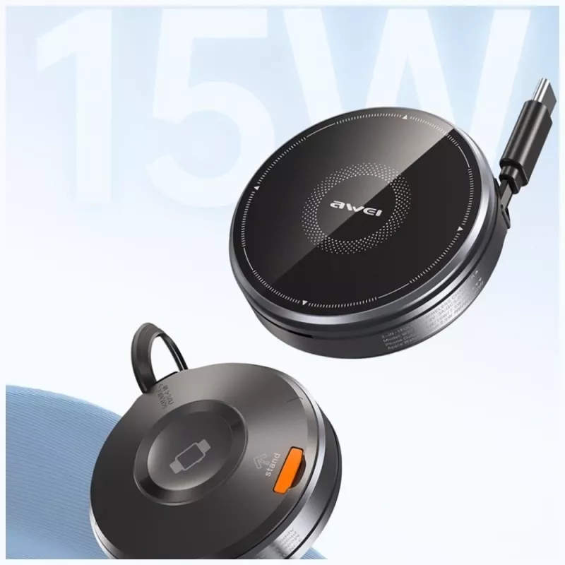 AWEI W27 3-in-1 belaidė įkrovimo stotelė 15W greitasis įkrovimas su USB-C laidu Juoda
