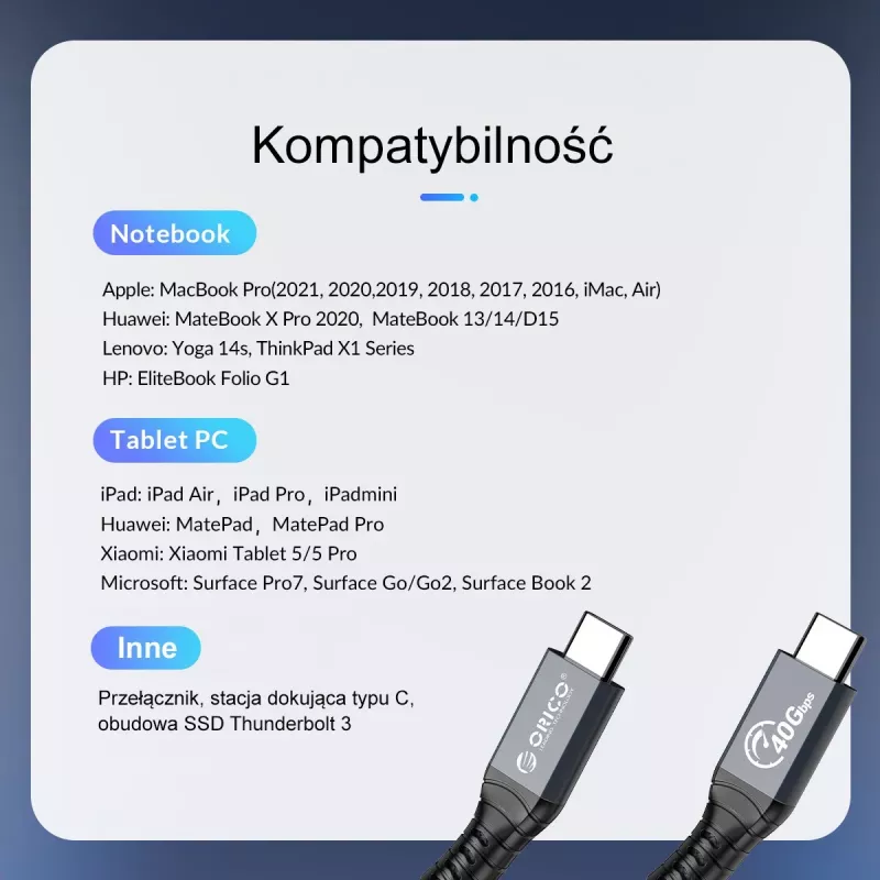 ORICO Thunderbolt 4 laidas USB-C 40 Gbps 8K60Hz PD 100W 2m Juodas