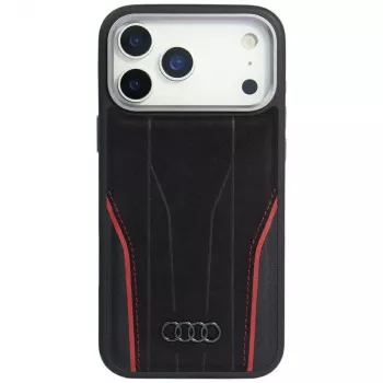 Audi R8 Genuine Leather MagSafe Case for iPhone 15 Pro Black with Red Accents