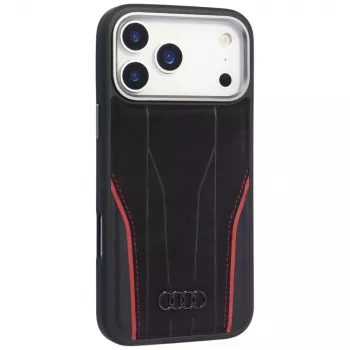 Audi R8 Genuine Leather MagSafe Case for iPhone 15 Pro Black with Red Accents