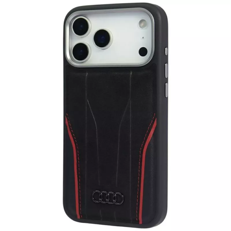 Audi R8 Genuine Leather MagSafe Case for iPhone 15 Pro Black with Red Accents