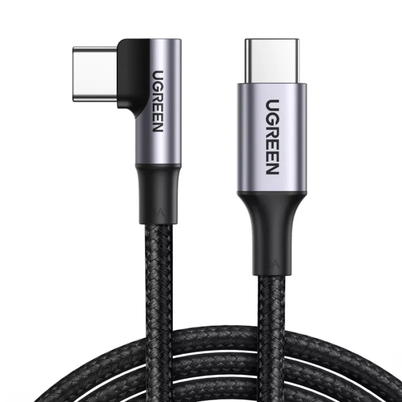 UGREEN USB-C į USB-C Lankstus Kampinis Laidas US334 5A PD 100W 2m Juodas