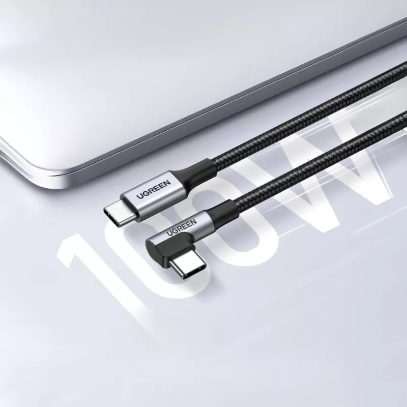 UGREEN USB-C į USB-C Lankstus Kampinis Laidas US334 5A PD 100W 2m Juodas