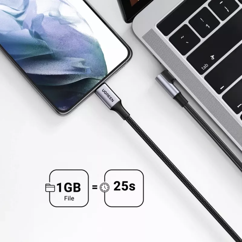 UGREEN USB-C į USB-C Lankstus Kampinis Laidas US334 5A PD 100W 2m Juodas