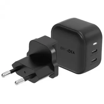 ENERGEA Travelite GAN45 45W GaN USB-C Dual Port Travel Charger with US+EU Adapters, Black