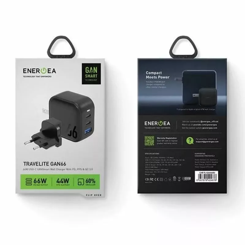 ENERGEA Travelite GAN66 66W GaN USB-C Įkroviklis 2C1A Juodas US+EU