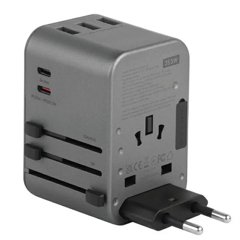 ENERGEA Travelworld 35.5W 3A2C USB Įkroviklis su US/EU/UK/AU Kištukais, Gunmetal