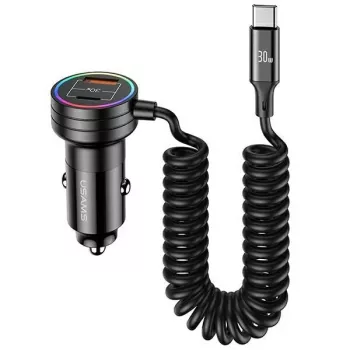 USAMS Automobilinis įkroviklis 60W 2xUSB-C 1xUSB-A su spiraliniu kabeliu Greitas įkrovimas PD QC Juodas CC167CC01