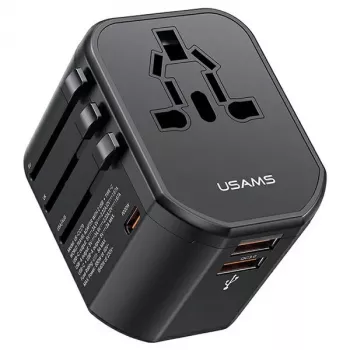 USAMS T59 20W Universal Travel Charger su 2 USB-A ir 1 USB-C prievadais, juodas, keičiami kištukai US/AU/EU/UK
