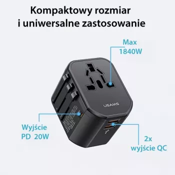 USAMS T59 20W Universal Travel Charger su 2 USB-A ir 1 USB-C prievadais, juodas, keičiami kištukai US/AU/EU/UK