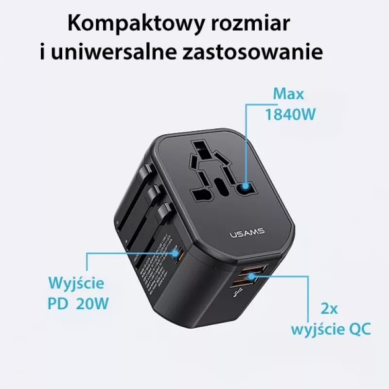 USAMS T59 20W Universal Travel Charger su 2 USB-A ir 1 USB-C prievadais, juodas, keičiami kištukai US/AU/EU/UK