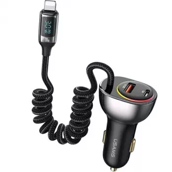USAMS C37 Automobilinis įkroviklis 60W 1xUSB-A + 1xUSB-C PD+QC Greitasis Įkrovimas su Lightning Kabeliu 30W Juodas CC193CC01 (US-CC193)