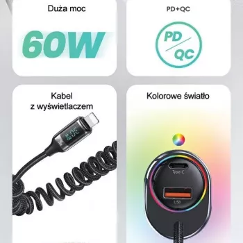 USAMS C37 Automobilinis įkroviklis 60W 1xUSB-A + 1xUSB-C PD+QC Greitasis Įkrovimas su Lightning Kabeliu 30W Juodas CC193CC01 (US-CC193)
