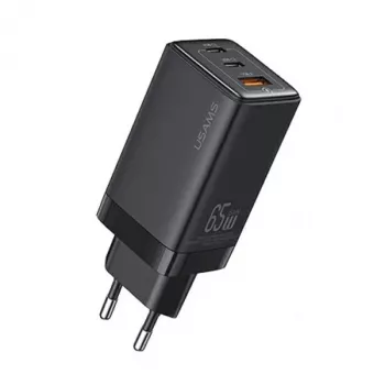 USAMS Sandru Series 65W GaN sieninis įkroviklis 2xUSB-C 1xUSB-A PD3.0 QC3.0 greitas įkrovimas juodas CC180TC01