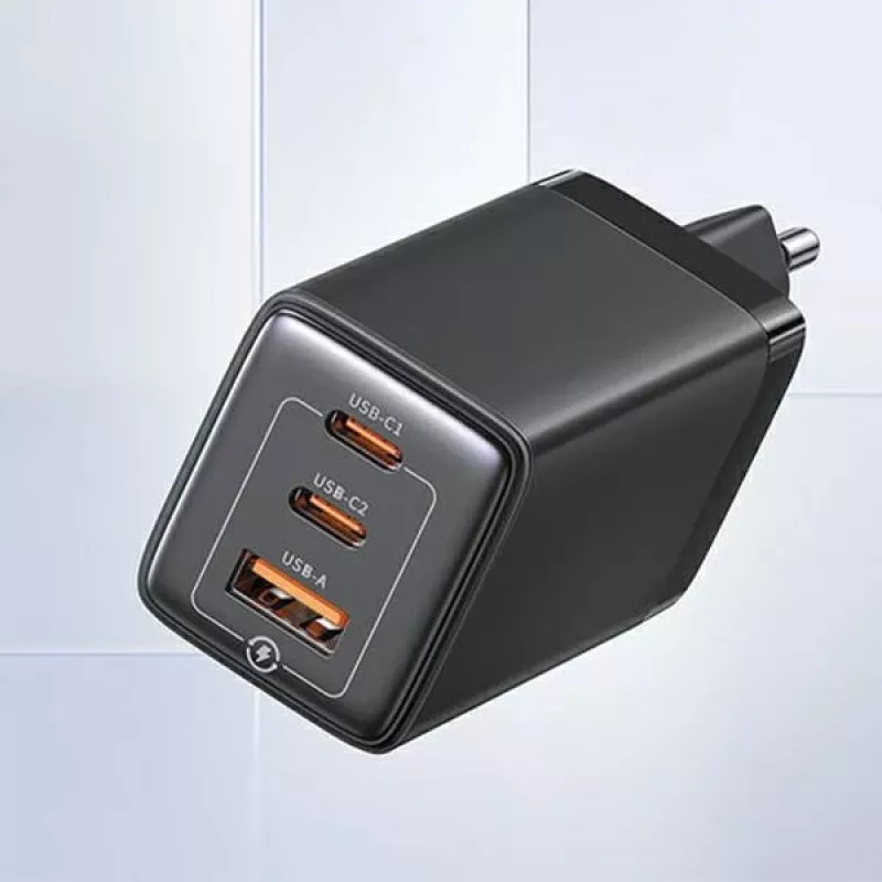 USAMS Sandru Series 65W GaN sieninis įkroviklis 2xUSB-C 1xUSB-A PD3.0 QC3.0 greitas įkrovimas juodas CC180TC01