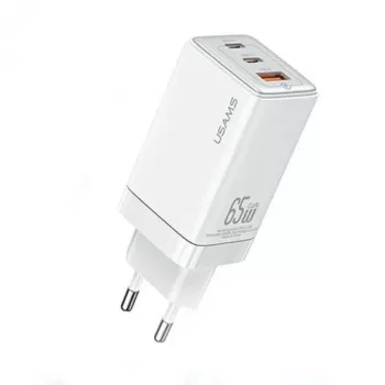 USAMS Sandru Series CC180TC02 GaN 65W USB-C Įkroviklis (Baltas) - 2xUSB-C + 1xUSB-A, PD3.0 & QC3.0 Greitas Įkrovimas, EU Kištukas