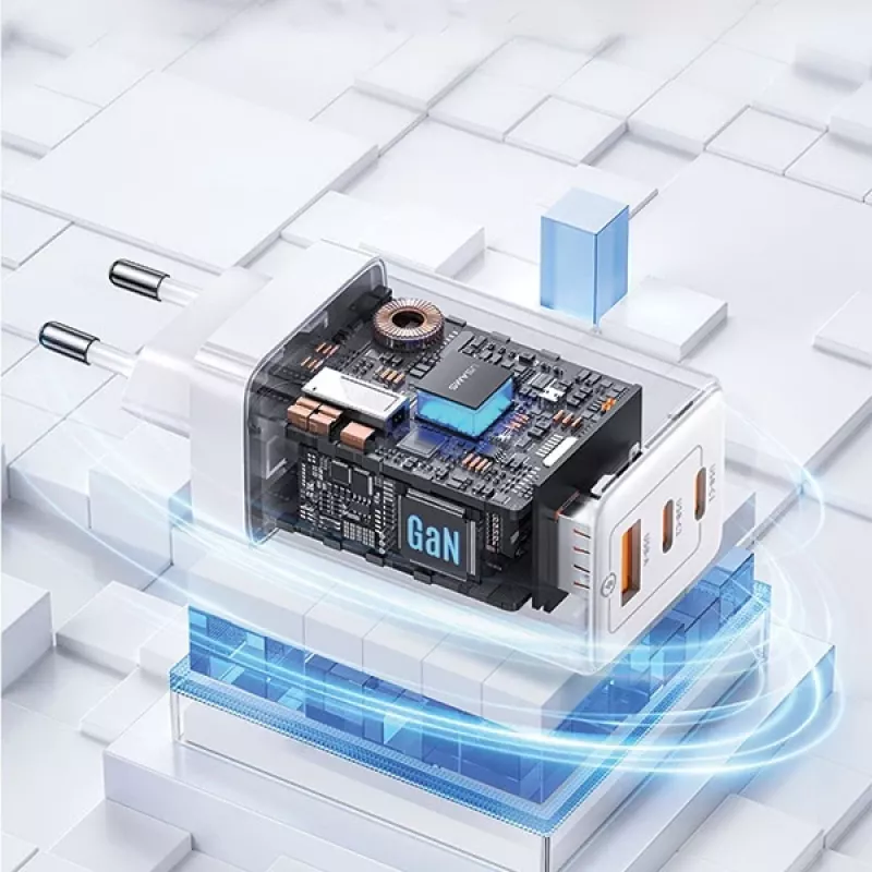 USAMS Sandru Series CC180TC02 GaN 65W USB-C Įkroviklis (Baltas) - 2xUSB-C + 1xUSB-A, PD3.0 & QC3.0 Greitas Įkrovimas, EU Kištukas
