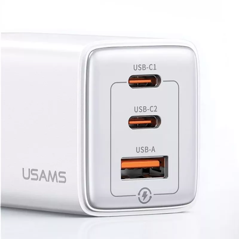 USAMS Sandru Series CC180TC02 GaN 65W USB-C Įkroviklis (Baltas) - 2xUSB-C + 1xUSB-A, PD3.0 & QC3.0 Greitas Įkrovimas, EU Kištukas
