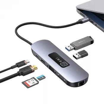 USAMS 10-in-1 USB-C Hub Adapter 3x USB 3.0, SD/TF, HDMI, VGA, RJ45, PD 100W, Grey