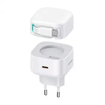 USAMS XMF Series CC202TC02 35W GaN USB-C sieninis įkroviklis su ištraukiamu USB-C kabeliu, PD+QC, baltas