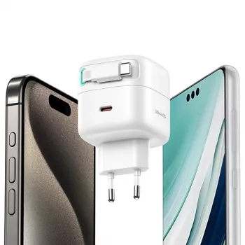 USAMS XMF Series CC202TC02 35W GaN USB-C sieninis įkroviklis su ištraukiamu USB-C kabeliu, PD+QC, baltas