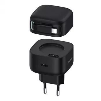 USAMS XMF Series CC209TC01 35W GaN Greitasis Įkroviklis su Įtraukiamu USB-C į Lightning Kabeliu, Juodas