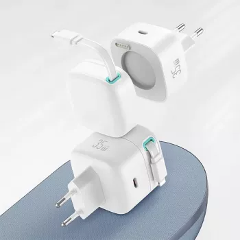 USAMS XMF Series CC209TC01 35W GaN Greitasis Įkroviklis su Įtraukiamu USB-C į Lightning Kabeliu, Juodas