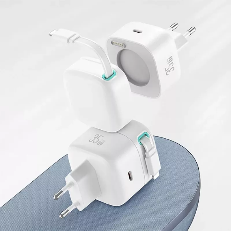 USAMS XMF Series CC209TC01 35W GaN Greitasis Įkroviklis su Įtraukiamu USB-C į Lightning Kabeliu, Juodas
