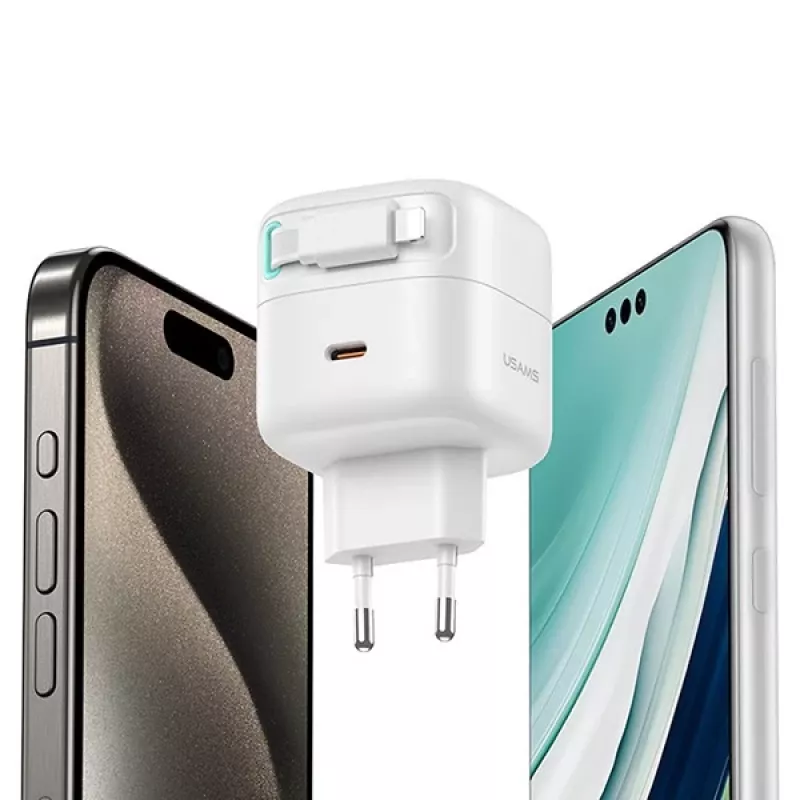 USAMS XMF Series CC209TC01 35W GaN Greitasis Įkroviklis su Įtraukiamu USB-C į Lightning Kabeliu, Juodas